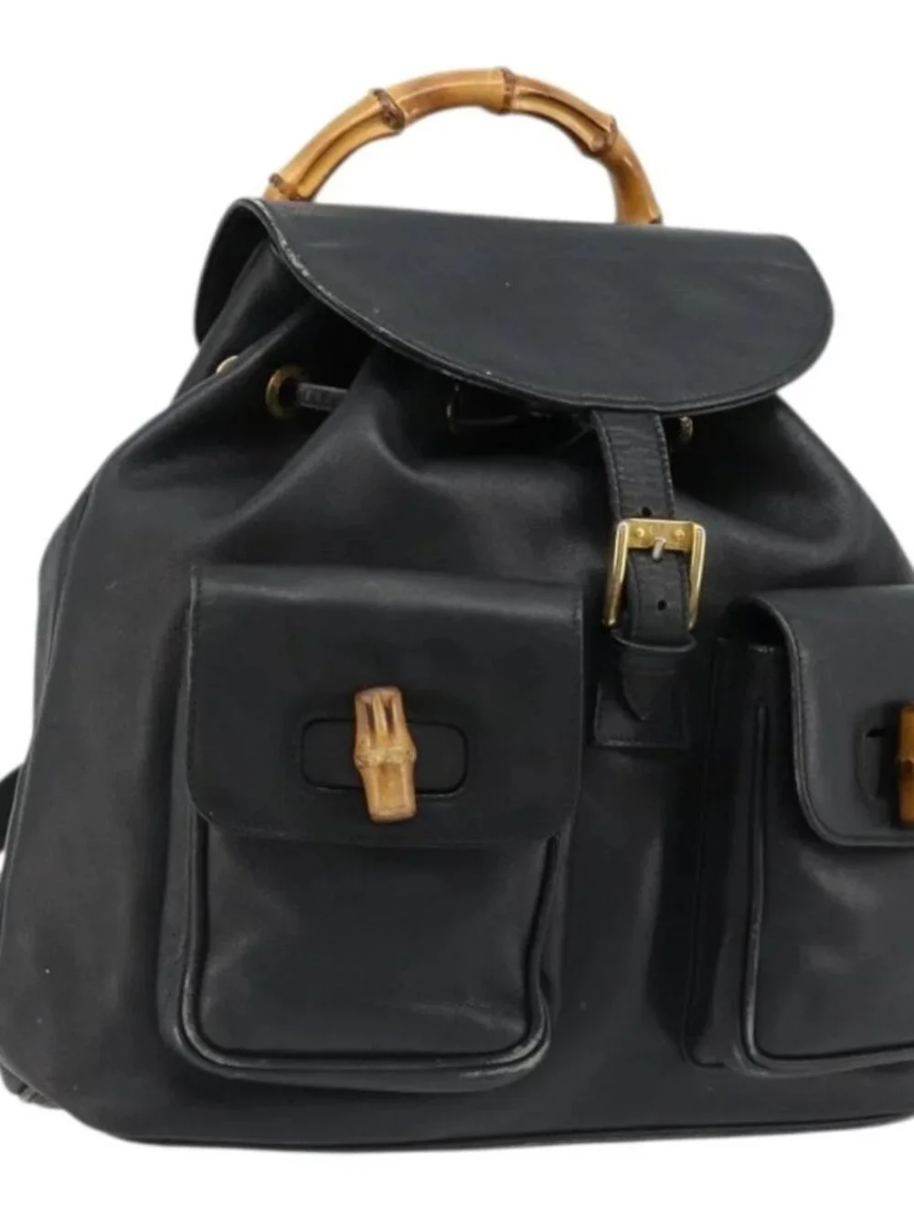 GUCCI Bamboo Backpack Leather Black Gold 003 2058 0016 Auth BA13350